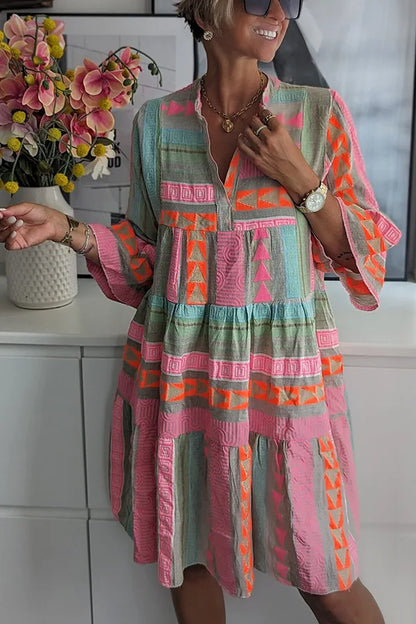Women's Geometric Print Dress Flared Sleeves