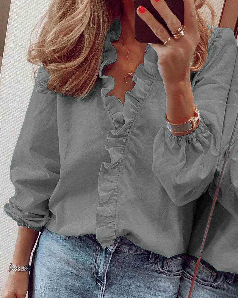 Women's V-Neck Blouse Ruffle Trim