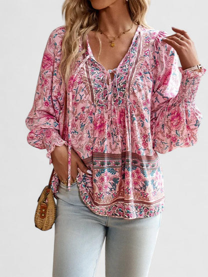 Women's Floral Blouse V-Neck Puff Sleeve