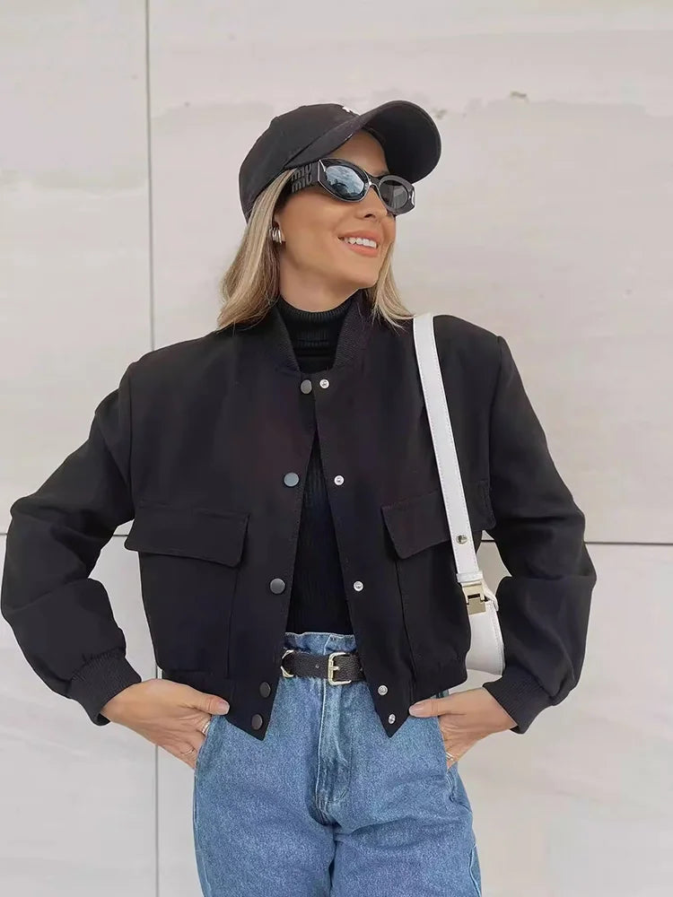 Women's Lightweight Bomber Jacket Cotton Button Front Pockets