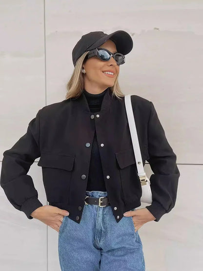 Women's Lightweight Bomber Jacket Cotton Button Front Pockets