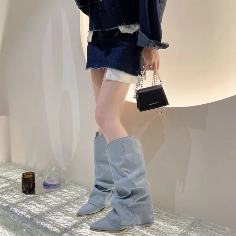Women's Western Knee High Boots Pointed Toe Heeled Design