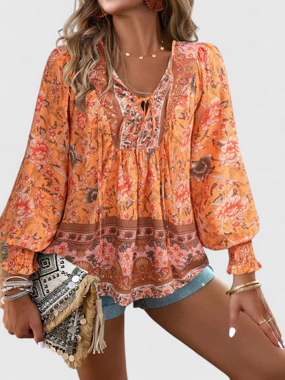 Women's Floral Blouse V-Neck Puff Sleeve