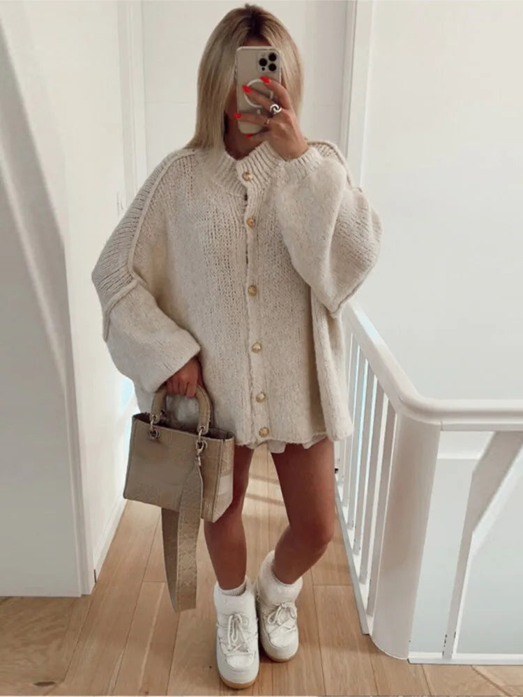 Women's Cardigan Sweater Ribbed Knit Cuffed Sleeves