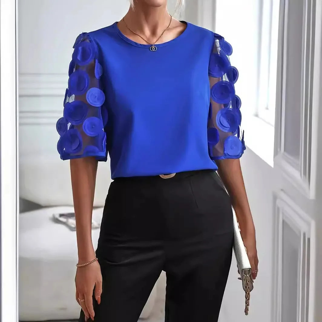 Women V-Neck Blouse Sheer Sleeves