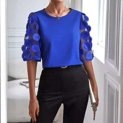 Women V-Neck Blouse Sheer Sleeves