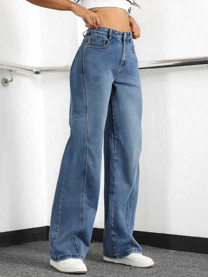 Women's High-Waisted Wide Leg Cargo Jeans Denim Blue
