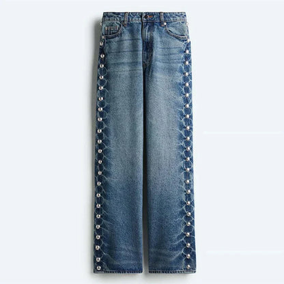 Women's White Denim Jeans High Waist Loose Fit Floral