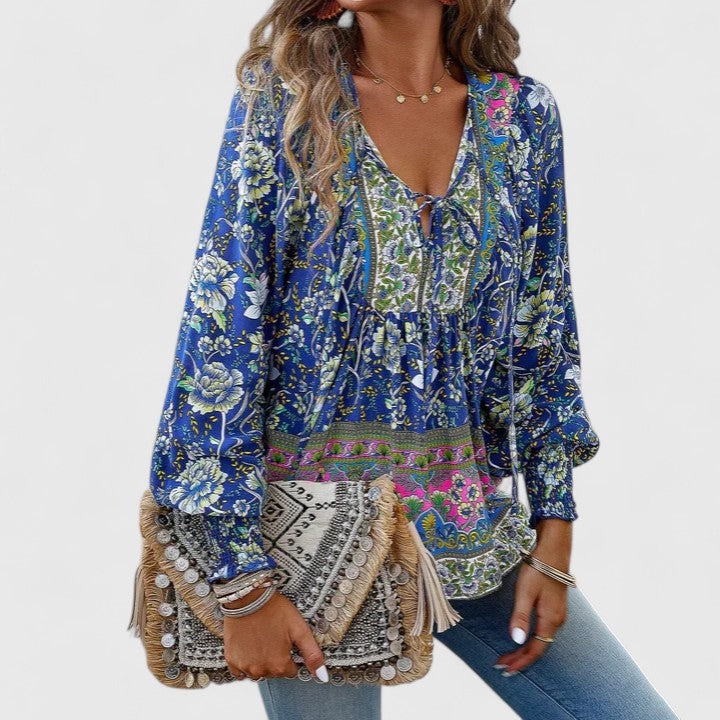 Women's Floral Blouse V-Neck Puff Sleeve
