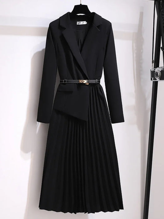 Women's Pleated Blazer Dress with Belt - Vonnera