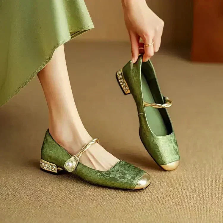 Women's Mary Jane Shoes Pearl Strap Glitter Block Heel - Vonnera