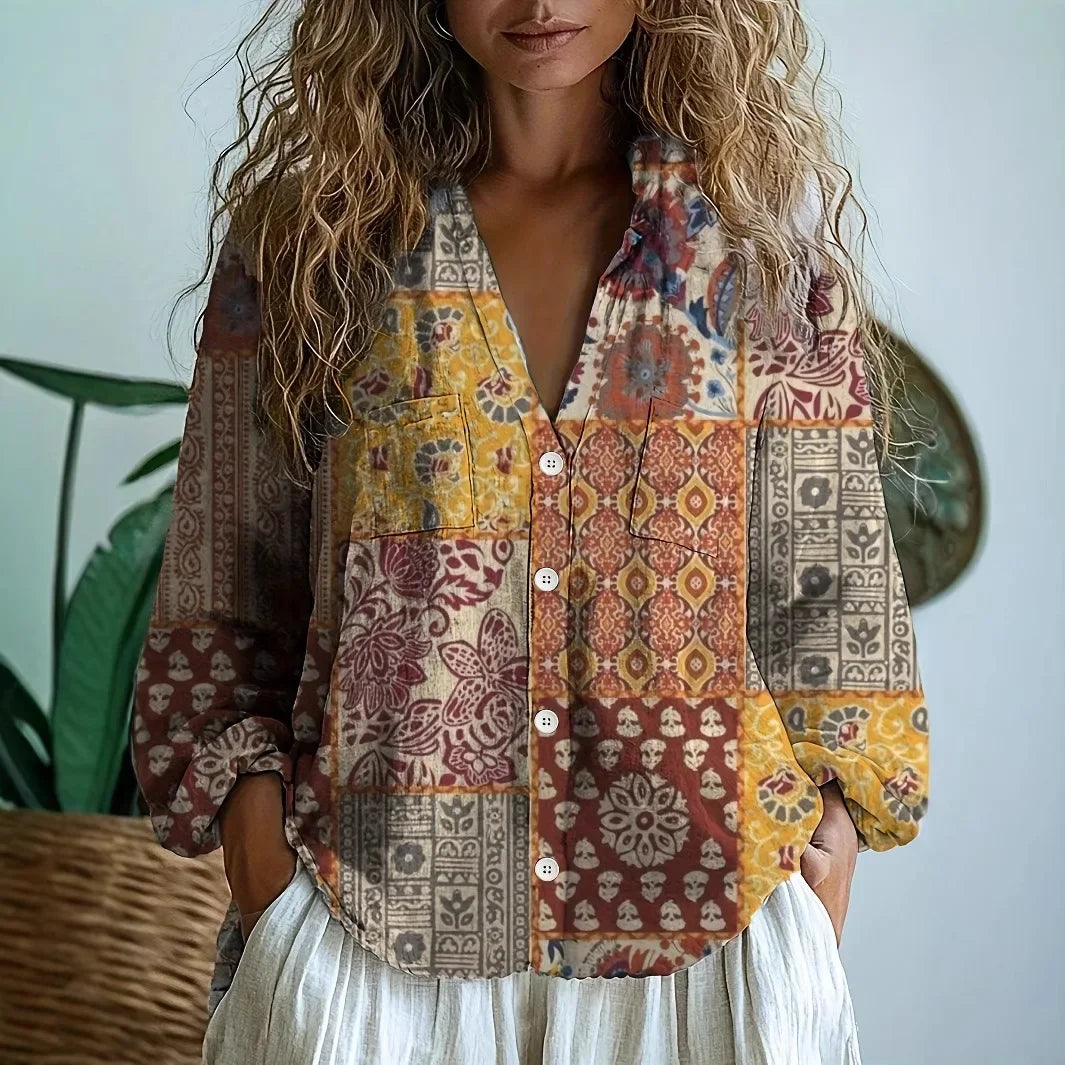 Women's Nature Print Blouse Split V-Neck
