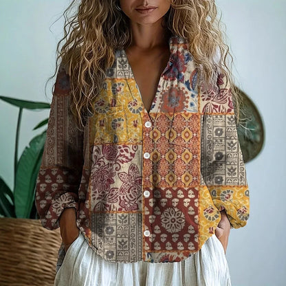 Women's Nature Print Blouse Split V-Neck
