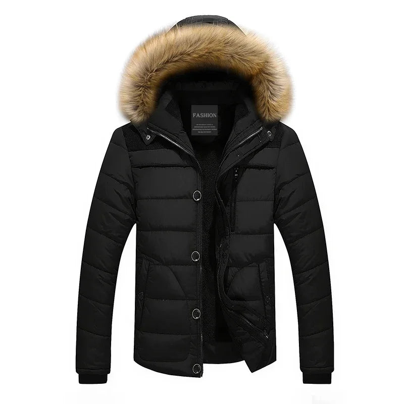 Men's Down Parka Wool Lined Hooded Fur Collar Jacket