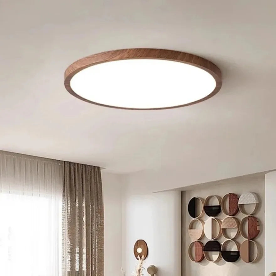 Circular LED Ceiling Light Walnut Wood Grain Thin Indoor