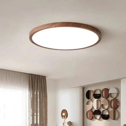 Circular LED Ceiling Light Walnut Wood Grain Thin Indoor