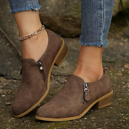 Women's Low Ankle Boots Side Zipper Block Heel