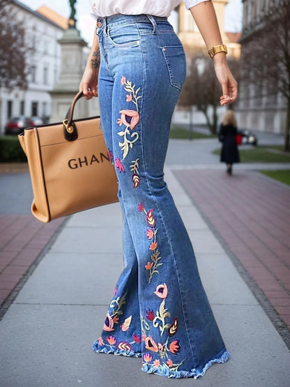 Women's Floral Print High-Waisted Jeans Slim Fit Denim Flare Pants