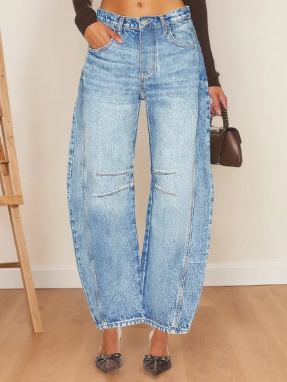 Women's Cropped Denim Pants Mid-Waist Straight Leg Dark Blue