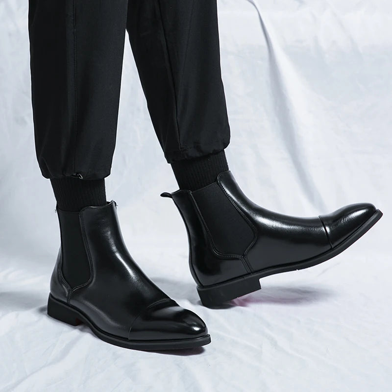Men's Chelsea Boots Cap Toe Slip-On Ankle Boots Leather Black - Vonnera