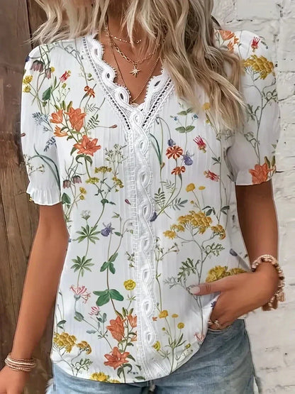 Women V-Neck Blouse Leaf Print