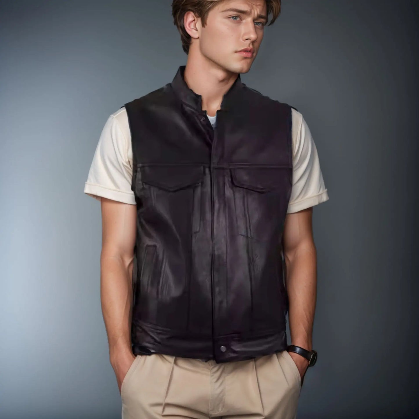 Men's Leather Vest Genuine Soft Zipper Collar - Vonnera