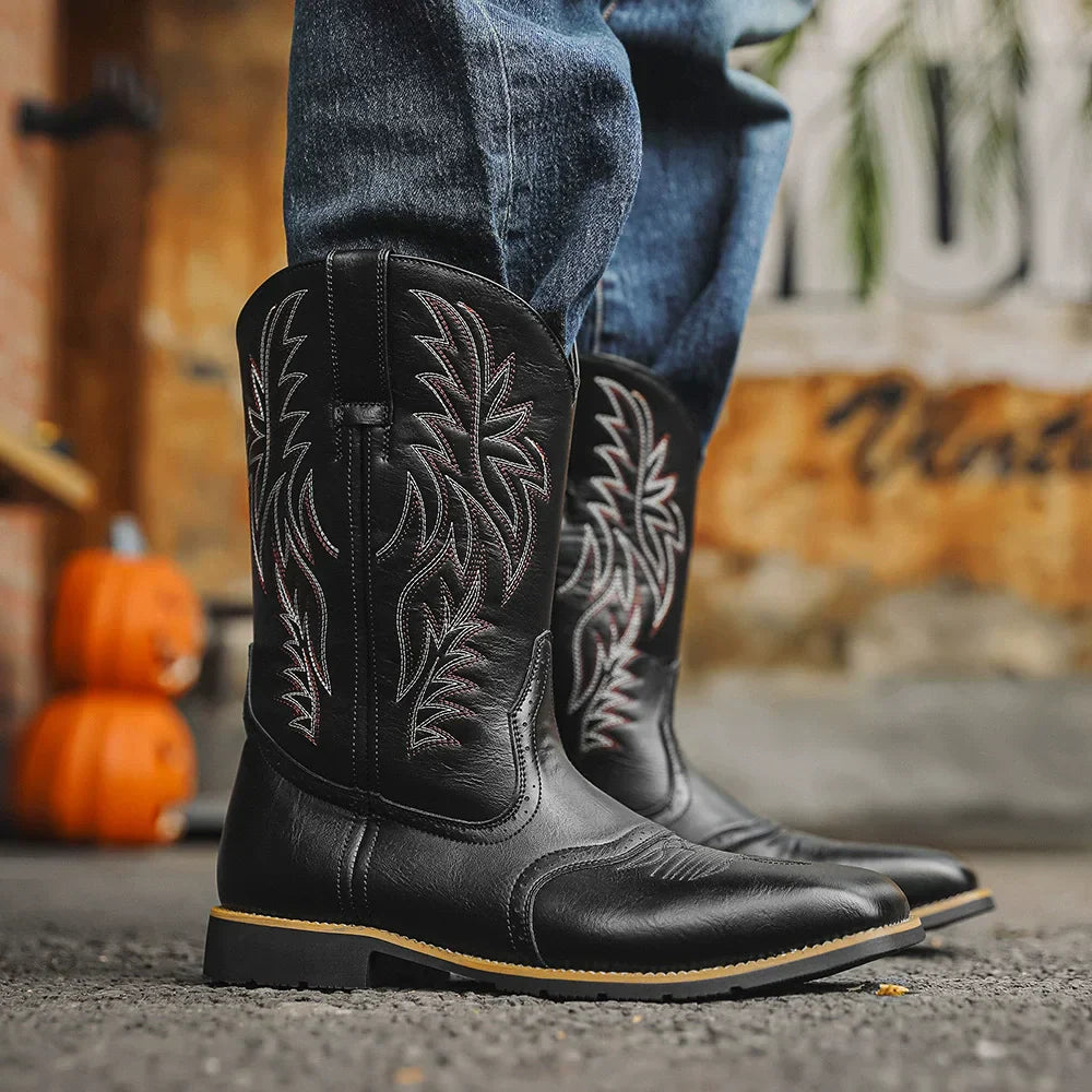 Men's Western Cowboy Boots Mid-Calf Square Toe Leather Brown