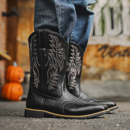 Men's Western Cowboy Boots Mid-Calf Square Toe Leather Brown