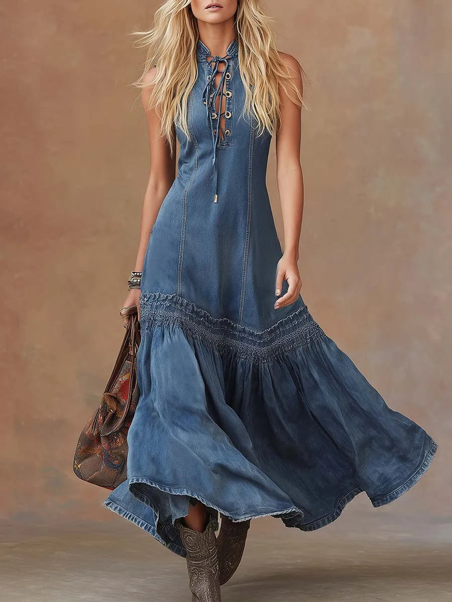 Women's Vintage Denim Long Dress - Vonnera