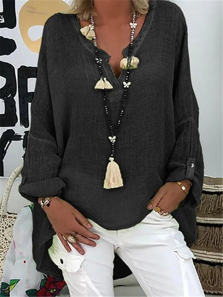 Women's Relaxed Fit V-Neck Blouse Long Sleeve