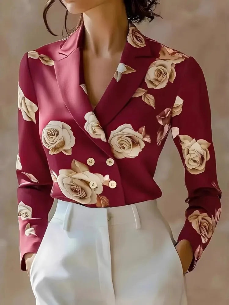 Women's Satin Blouse Double-Breasted Floral Print
