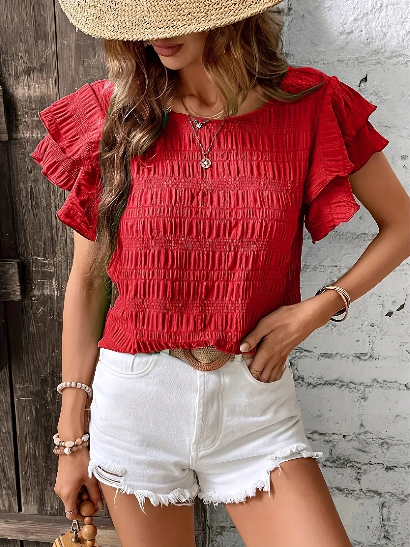 Women's Ruffle Sleeve Blouse Smocked