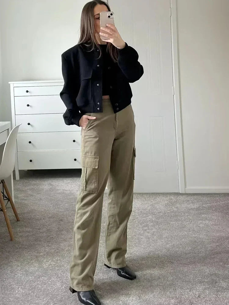 Women's Cropped Bomber Jacket Snap Buttons Utility Pockets