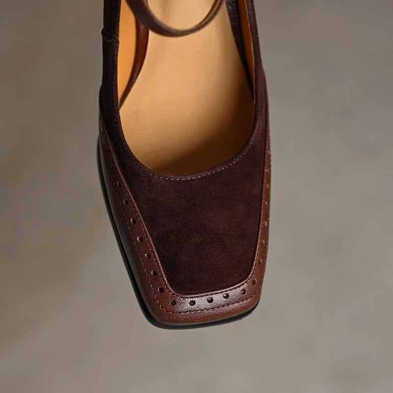 Women's Block Heel Ankle Strap Pumps Square Toe Brown