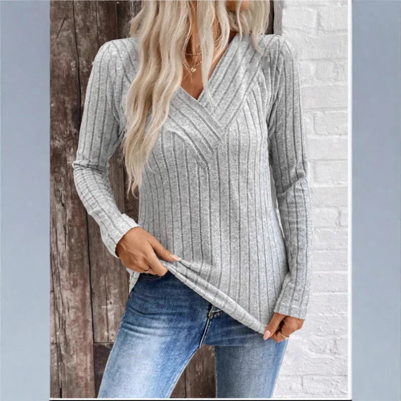 Women's V Neck Sweater Ribbed Texture
