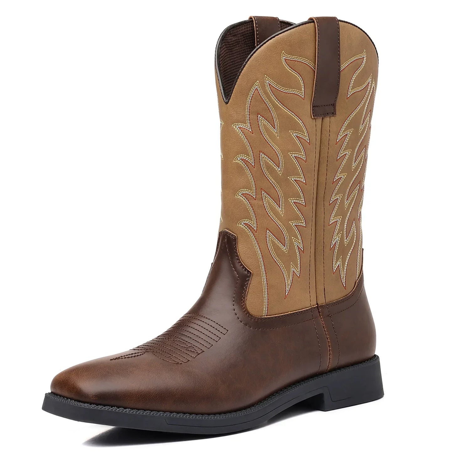 Men's Western Cowboy Boots Mid-Calf Square Toe Leather Brown