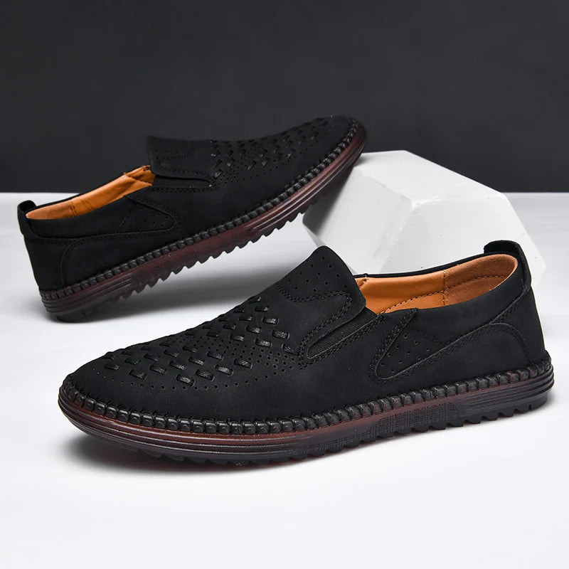 Men's Perforated Loafers Textured Leather Upper