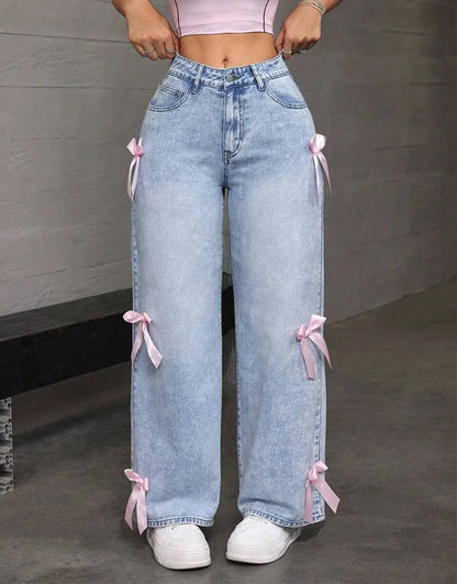 Women's Wide Leg Jeans High Waist Washed Denim Vintage Blue