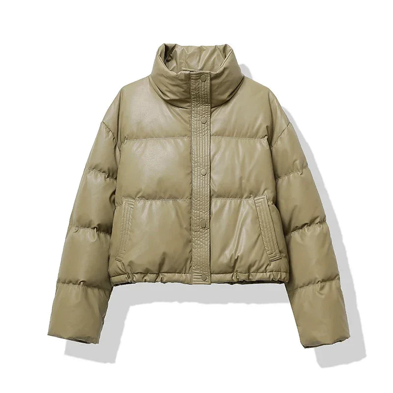 Women's Quilted Puffer Jacket Mock Neck Water Resistant Black