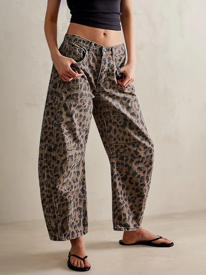 Women's Wide Leg Jeans Mid Waist Leopard Print