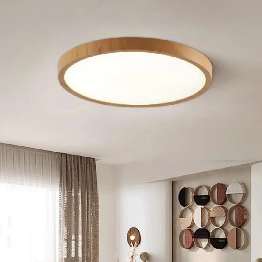 Circular LED Ceiling Light Walnut Wood Grain Thin Indoor