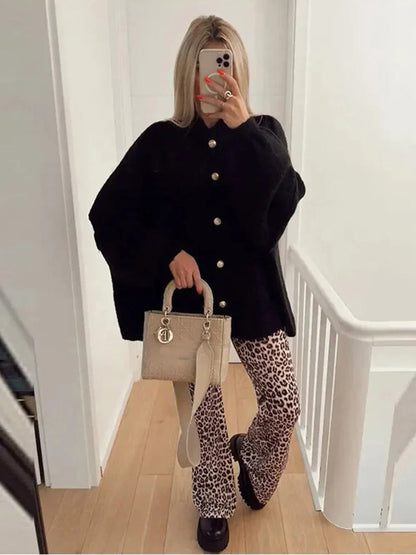 Women's Bat Sleeve Cardigan Wool Blend Lapel Detail Black