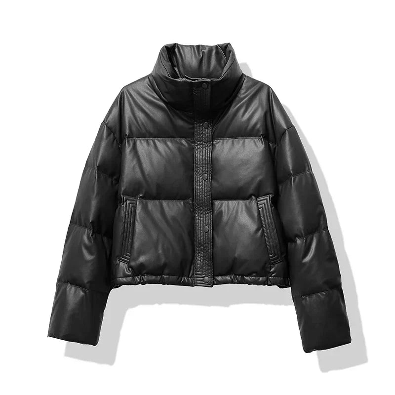 Women's Quilted Puffer Jacket Mock Neck Water Resistant Black