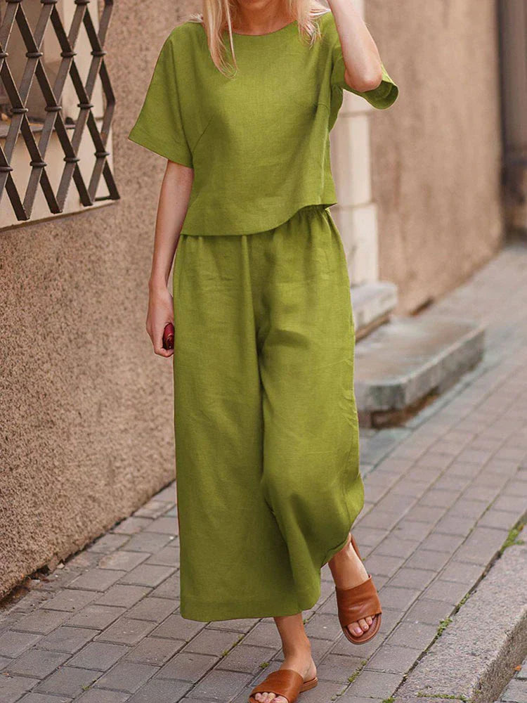 Women's Summer Two Piece Crew Neck T-Shirt And Wide Leg Pants