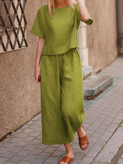Women's Summer Two Piece Crew Neck T-Shirt And Wide Leg Pants