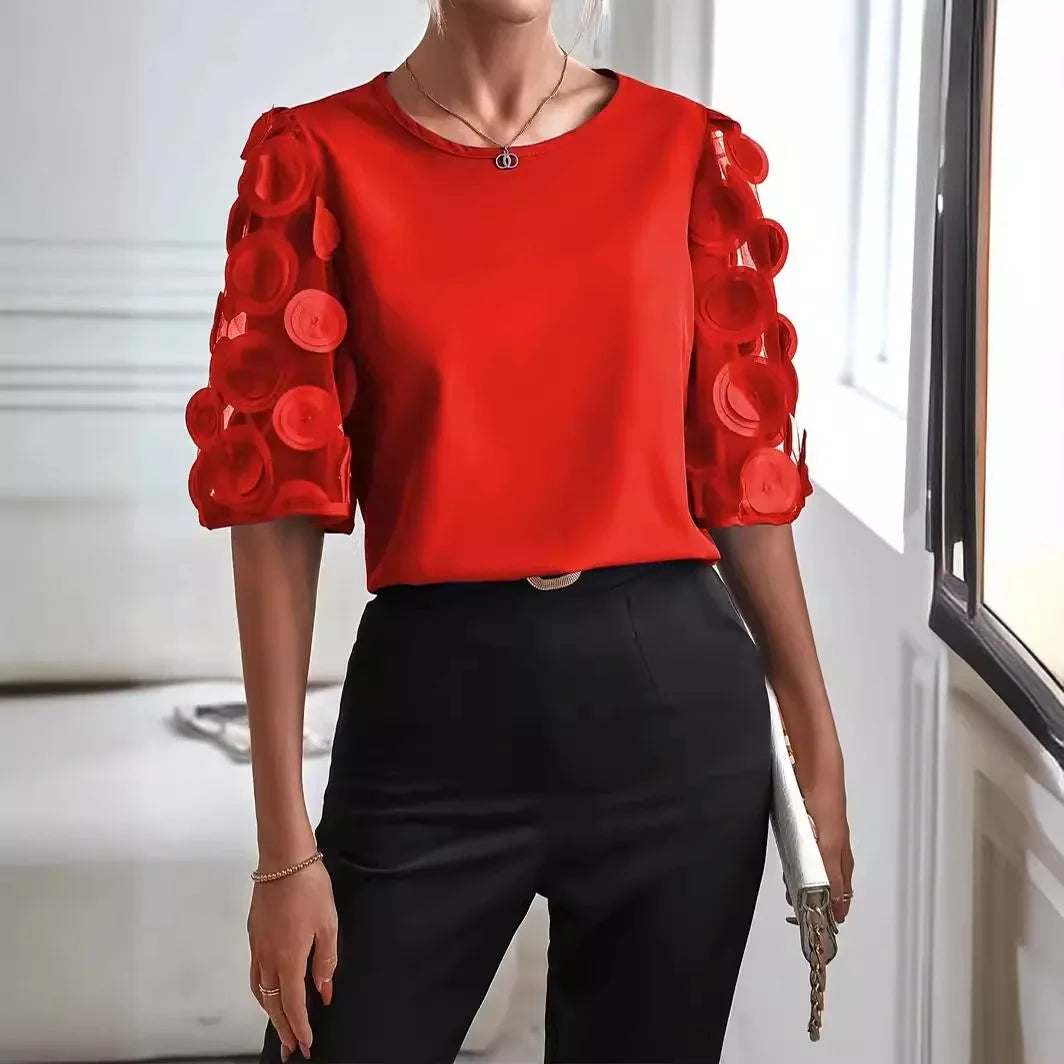 Women V-Neck Blouse Sheer Sleeves