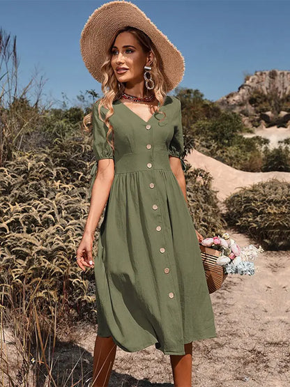 Women's V-Neck Cotton Dress Lightweight Beige - Vonnera