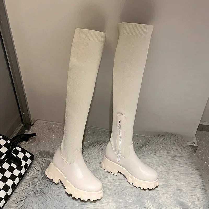 Women's Knee High Boots Stretch Fit Chunky Lug Sole Black