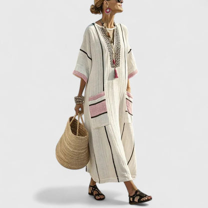 Women's Striped Linen Maxi Dress With Pockets
