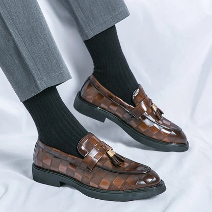 Men's Embossed Leather Tassel Loafers Classic Brown - Vonnera
